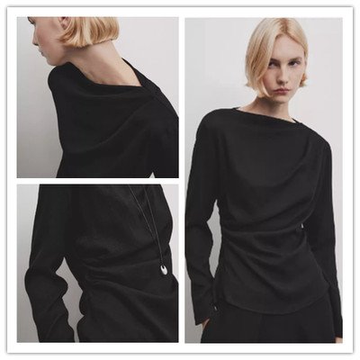 西班牙单 现货 MD极简老钱风高级设计肩部荡领黑色上衣长袖衬衫女