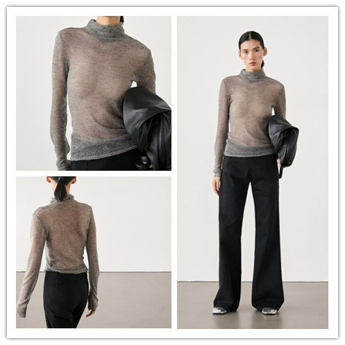 西班牙单 现货 MD女装基础款灰色半透视高领长袖针织打底衫T恤