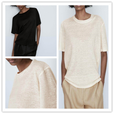 西班牙单 现货MD夏季新款舒适棉麻薄款宽松透气简约款短袖T恤上衣