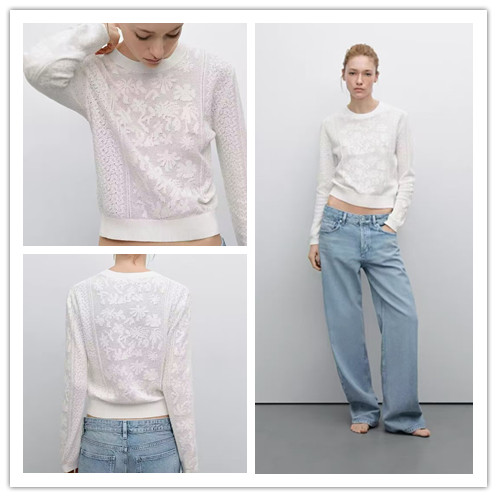 MD女装法式冷清白噪风镂空蕾丝短版圆领长袖针织衫女 05718677712