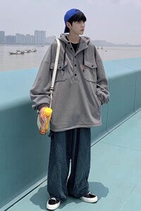 709-2-W605-P75 春单人  摇粒绒工装口袋连帽套头卫衣外套流行图片