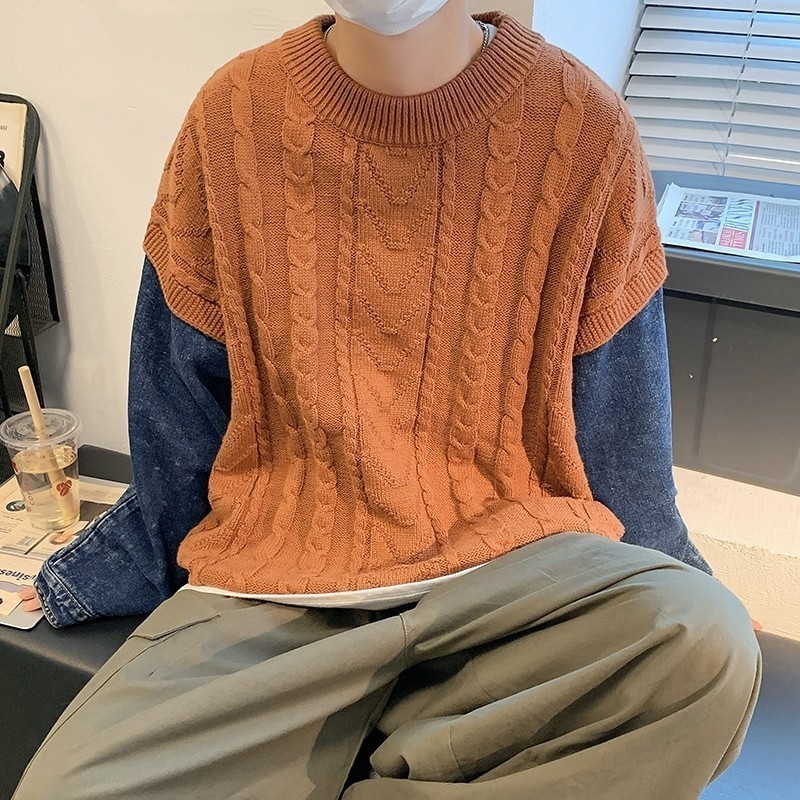 709-2-MY25-P100春单人港风休闲复古圆领牛仔拼接百搭毛衣男,男装针织衫/毛衣,星座709-2
