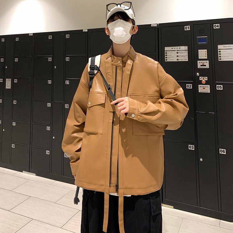 709-2-JK815-P130 春单人 港风PU皮拉链飘带夹克百搭休闲皮衣外套图片