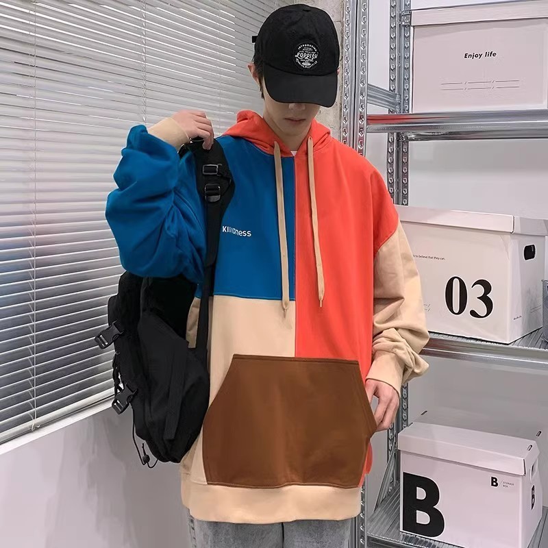 709-2-W300-P75 23秋款 单人全棉拼色贴布连帽上衣休闲百搭卫衣男图片