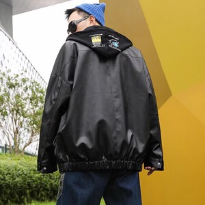 709-2-JK61-P100 春单人 连帽PU皮外套时尚百搭皮衣男简约潮流图片