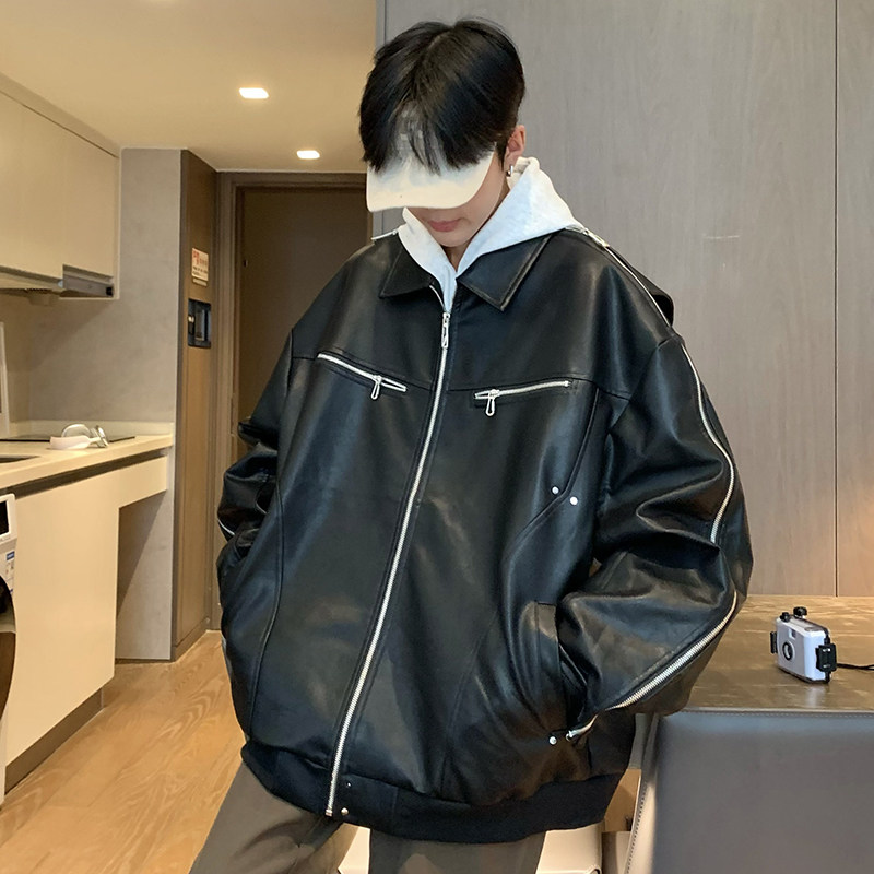 709-2-JK881-P135春单人pu皮翻领多拉链纯色皮衣夹克外套,男装夹克,星座709-2