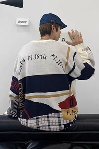 709-2-MY21-P75 春单人 拼色英文圆领套头休闲针织毛衣男图片