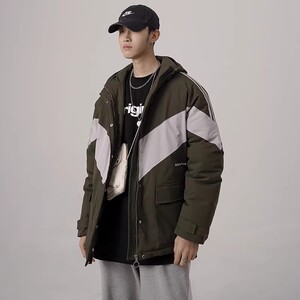 709-MY10-P135 2023 冬季情侣潮流加厚工装拼色连帽棉服外套男图片