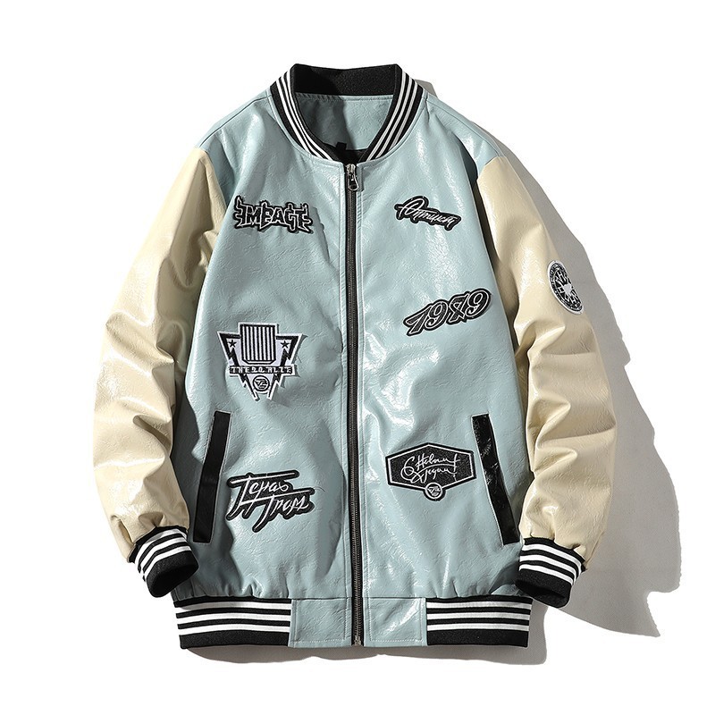 709-2-JK103-P110春白底多标刺绣棒球服皮衣夹克外套男潮流,男装皮衣,星座709-2