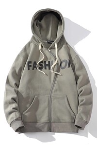 709-2-W600-P80 春白底 弯拉链设计连帽英文印花百搭卫衣外套图片