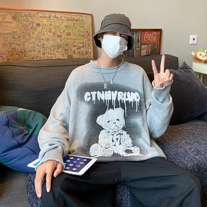 709-2-MY39-P90春单人全棉日系复古小熊温变印休闲大码毛衣外套,男装针织衫/毛衣,星座709-2