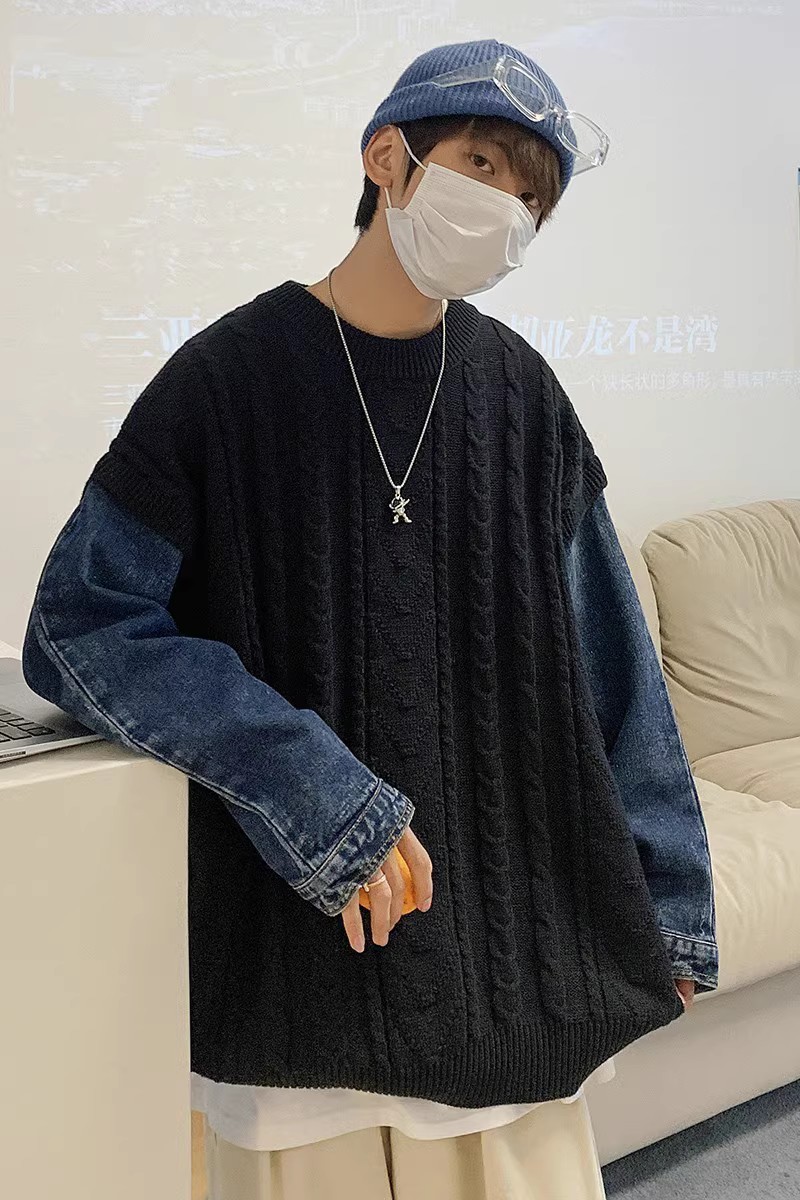 709-2-MY25-P100春单人港风休闲复古圆领牛仔拼接百搭毛衣男,男装针织衫/毛衣,星座709-2