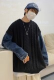 709-2-MY25-P100春单人港风休闲复古圆领牛仔拼接百搭毛衣男，男装针织衫/毛衣，星座709-2