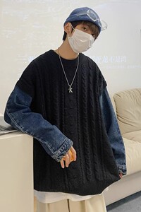 709-2-MY25-P100 春单人 港风休闲复古圆领牛仔拼接百搭毛衣男图片