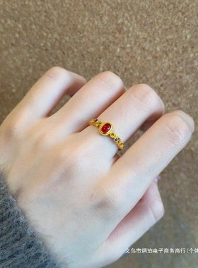 2025古法金色花丝凤华凤舒红宝石戒指女复古卷草纹碧玺彩宝红玉髓