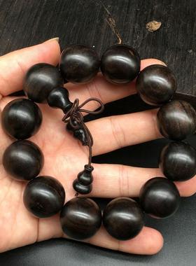 2025沉水黑檀木紫光檀佛珠手串男顺纹小孔手工打磨无蜡无漆20mm