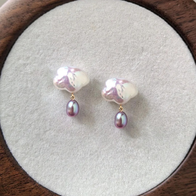 巴洛克云朵异形淡水珍珠耳钉小众气质不规则雨滴耳钉饱满立体