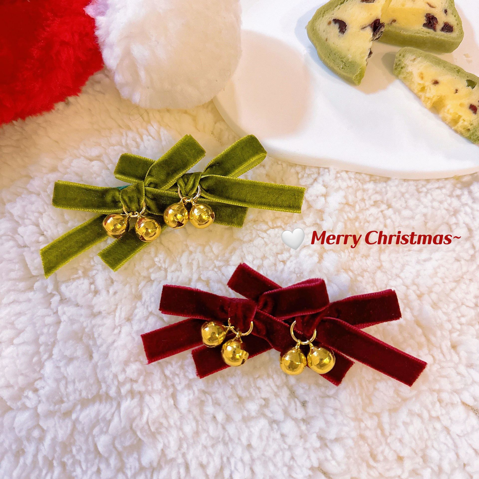 植绒蝴蝶结铃铛圣诞节发夹女新款可爱刘海夹儿童成人丝绒发卡头饰