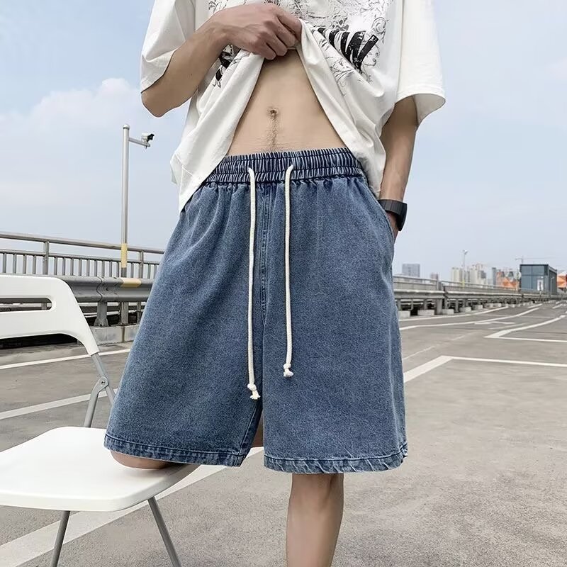 牛仔短裤男夏季ins潮牌水洗做旧直筒马裤日系复古工装五分裤薄款