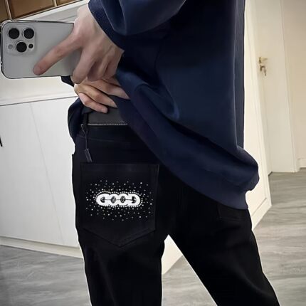 网红同款烫钻字母Good新潮牌黑色牛仔裤男修身时尚帅气百搭直筒裤