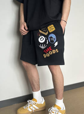 自主原创美式街头毛巾绣字母刺绣抽绳短裤男女宽松情侣休闲五分裤