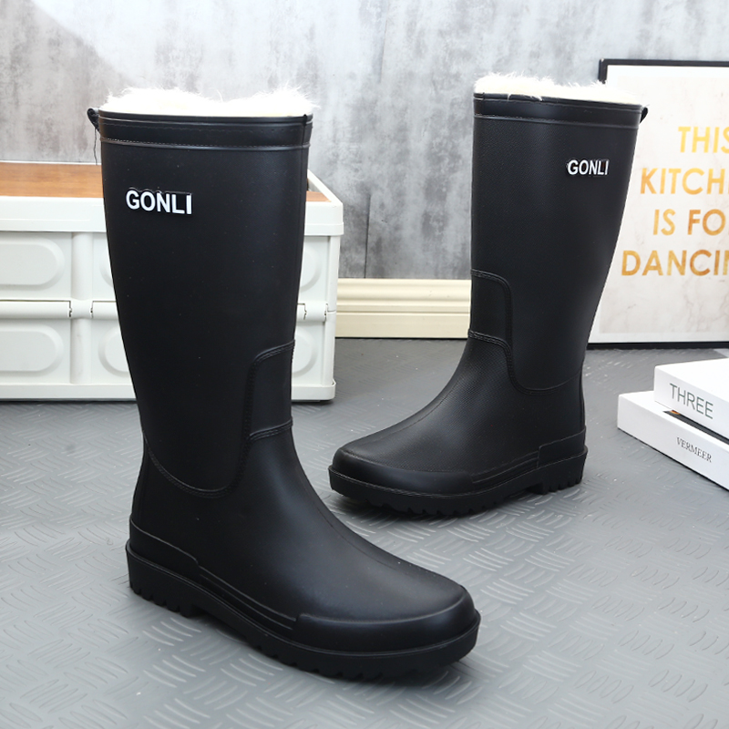 男高筒加绒防滑防水拉绳束口雨靴