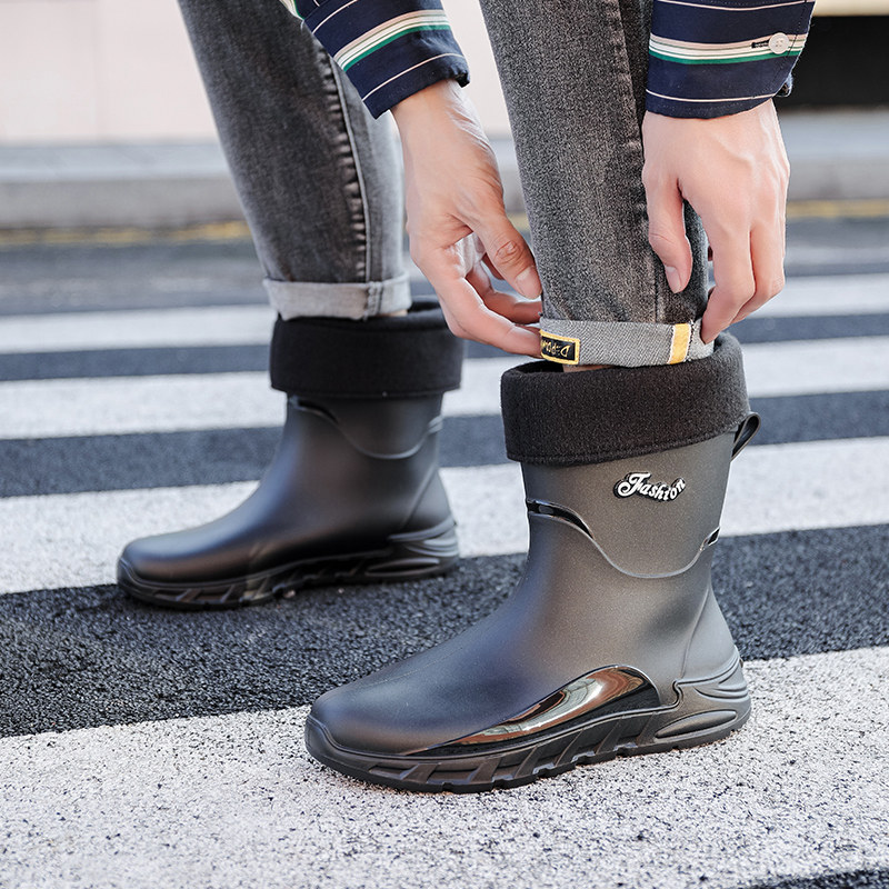 时尚男款束口防雨水鞋中筒防滑骑手专用雨靴加绒棉保暖胶鞋厨房鞋,流行男鞋,雨鞋,淘宝优惠券,粉丝福利购,淘宝优惠卷