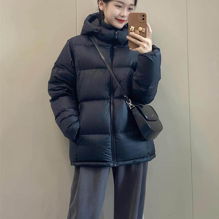 黑色短款羽绒服女2026新款白鸭绒加厚连帽小个子面包服外套冬反季