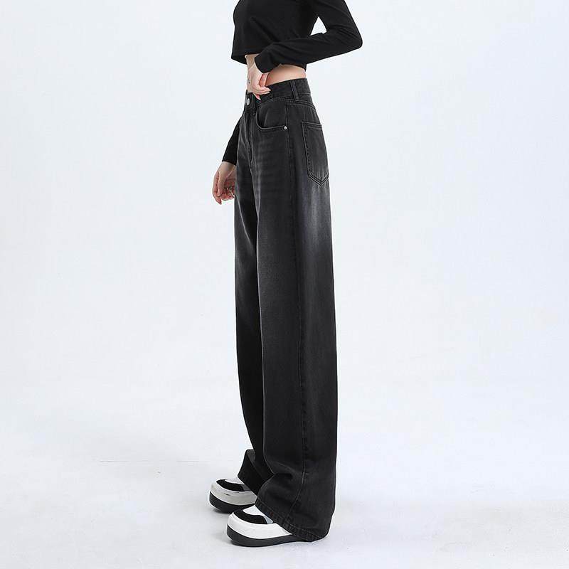 BWKW-N11039A黑灰色裤阔腿加绒牛仔裤瘦女秋冬高宽松休闲直筒垂感