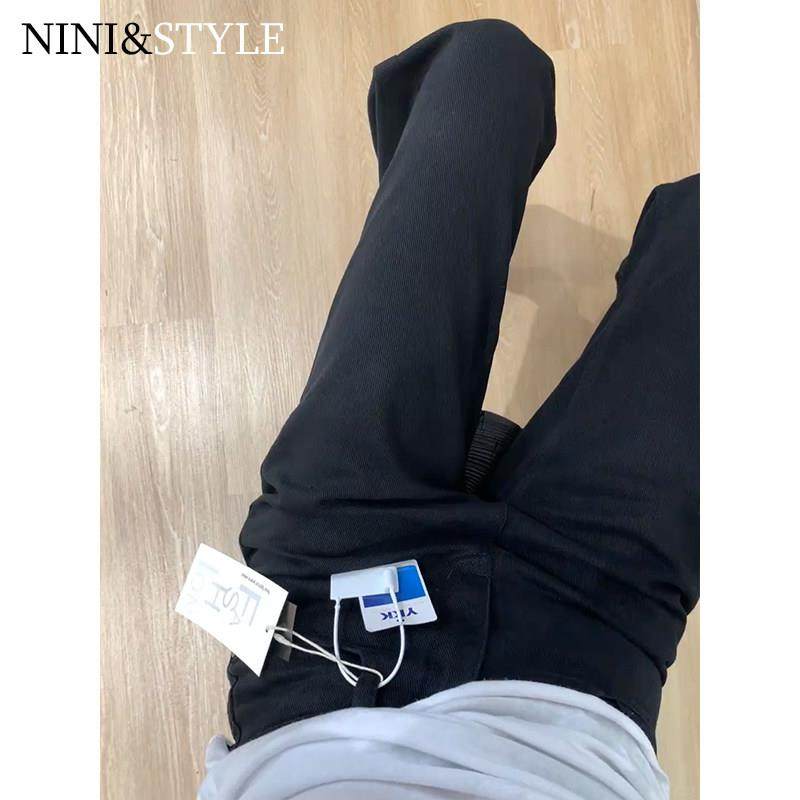 加绒黑色窄版阔腿牛仔女子秋冬2024年新小个高XTR腰款宽松直筒裤