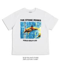 Direct spray The stone roses rocking stone Rose print T-shirt, short sleeve, pure cotton loose, heavy washed and aged thumbnail 3