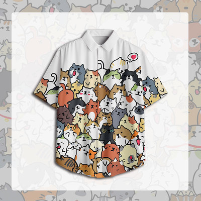 猫猫卡通图案短袖衬衫夏季外套薄款休闲猫咪衣服全彩痛衣男女上衣