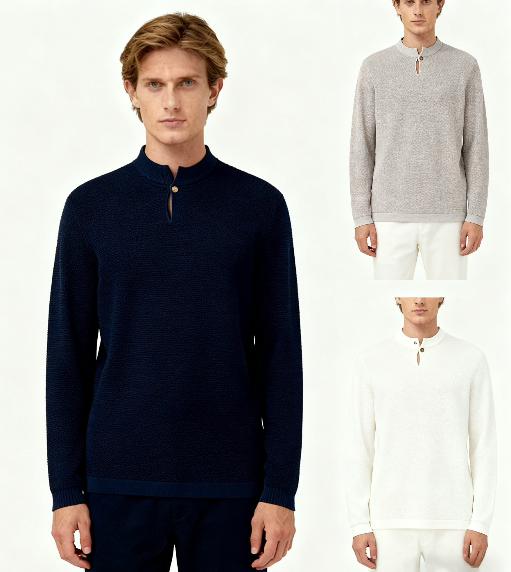 秋冬新款意大利LP同款男士羊毛混纺圆领长袖针织衫领口纽扣设计