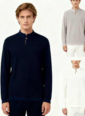 秋冬新款意大利LP同款男士羊毛混纺圆领长袖针织衫领口纽扣设计