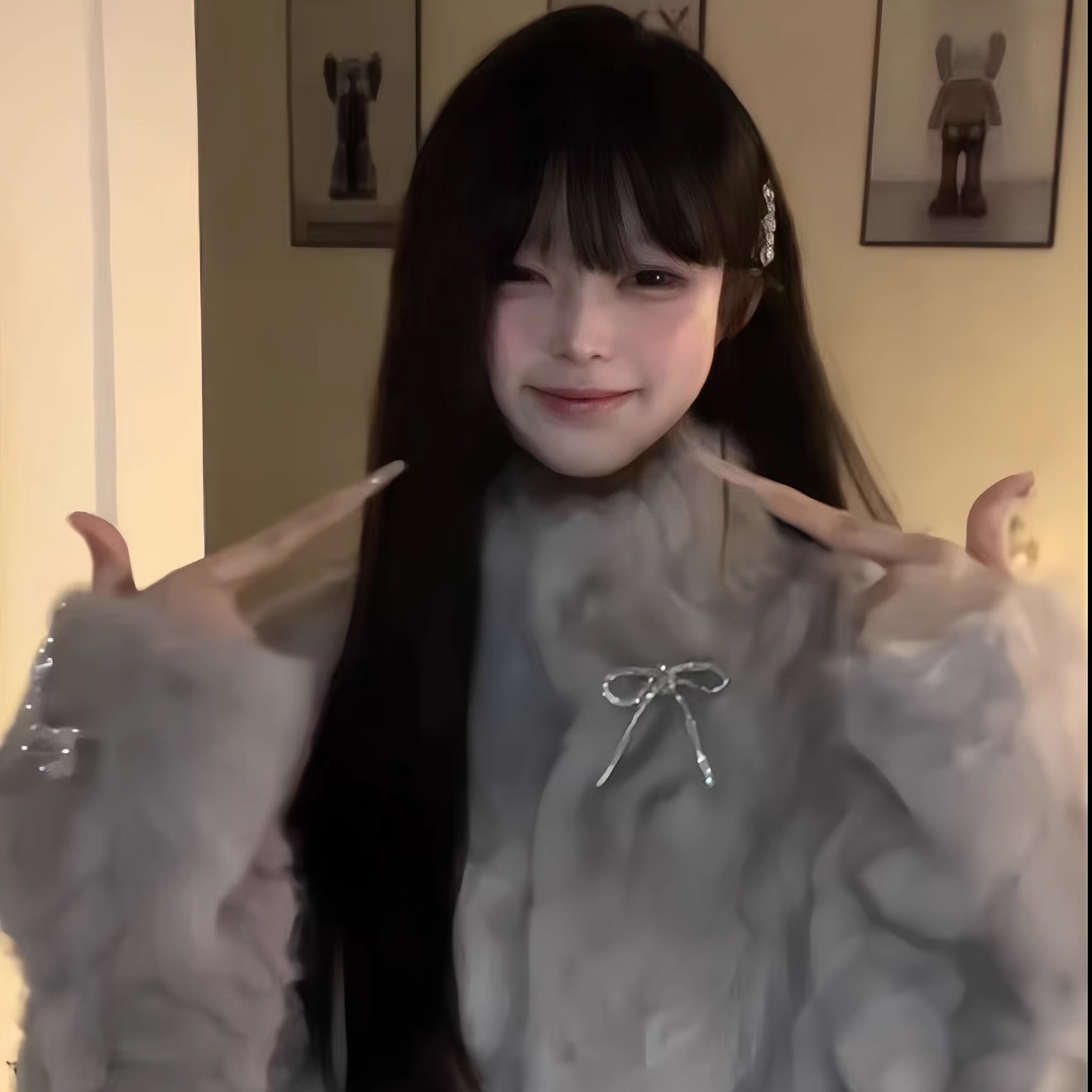 灰色蝴蝶结毛毛立领外套皮草大衣