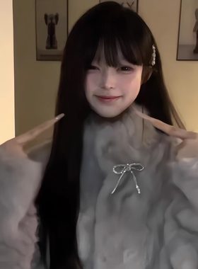 灰色蝴蝶结毛毛立领外套皮草大衣