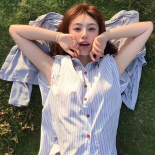 宽松小飞袖 学院风日系条纹短袖 2025夏季 女款 百搭小众休闲衬衣 衬衫