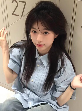 日系褶皱蓝色短袖衬衫女2025夏季新款宽松设计感百搭小众休闲衬衣