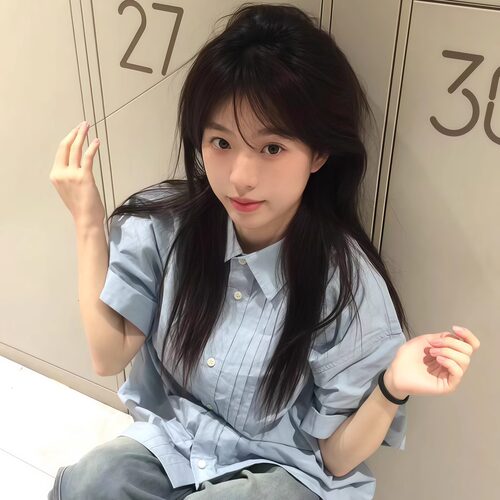 日系褶皱蓝色短袖衬衫女百搭休闲