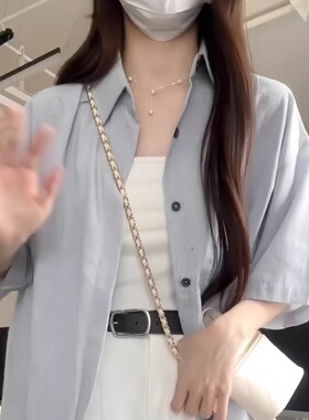 韩系蓝色条纹短袖衬衫夏季宽松慵懒风小众百搭设计感chic别致衬衣