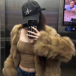 时尚 气质琥珀棕毛毛短款 年轻款 冬季 高级百搭毛毛皮草 大衣外套女款