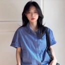 宽松高级感气质复古百搭衬衣 美式 vintage蓝色格子短袖 衬衫 女夏季