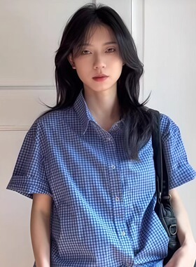 美式vintage蓝色格子短袖衬衫女夏季宽松高级感气质复古百搭衬衣