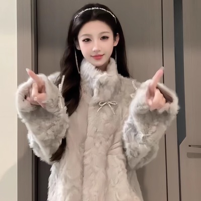 灰色染尖立领毛毛外套长款大衣女