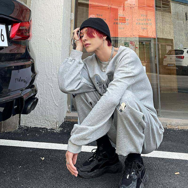 白鹤大人爱心圆领卫衣卫裤休闲套装韩版纯色男秋季国潮宽松两件套