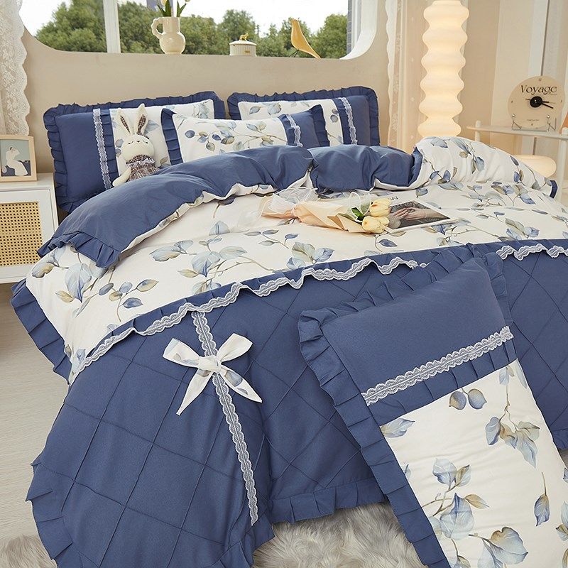 韩式柔软纯棉裸睡花边四件套公主风被罩床上用品全棉被套床单款式