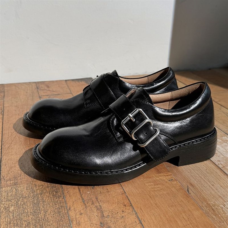 复古英伦风简约真皮一字扣带水洗牛皮做旧废土风圆头厚底小皮鞋女