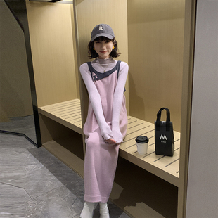 孕妇秋冬装时尚连衣裙气质修身显瘦半高领打底衫背带裙针织两件套