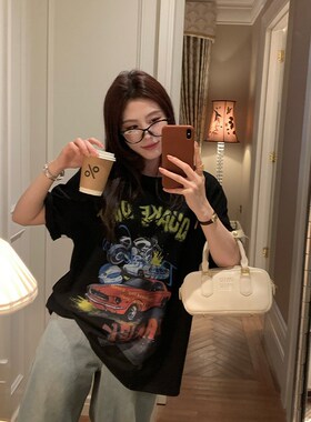 NAZ那子大码夏装新款美式复古印花宽松气质胖mm设计感显瘦短袖T恤