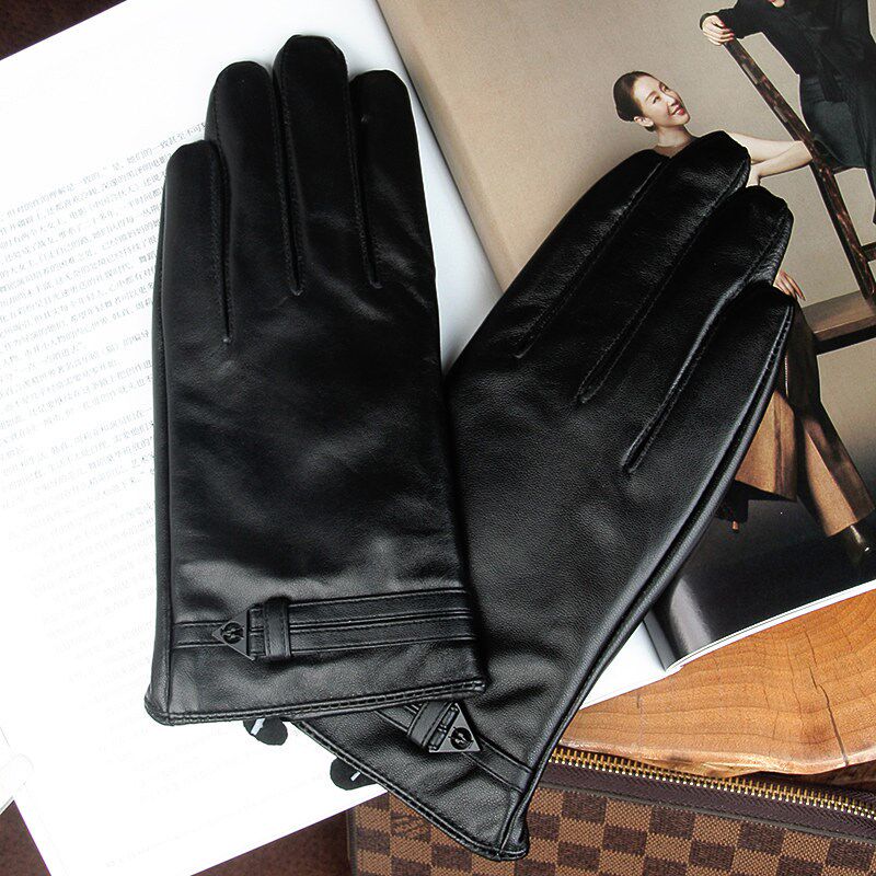 (特惠)羊皮手套秋冬季男士加绒手套-03 黑色分指触摸屏手套